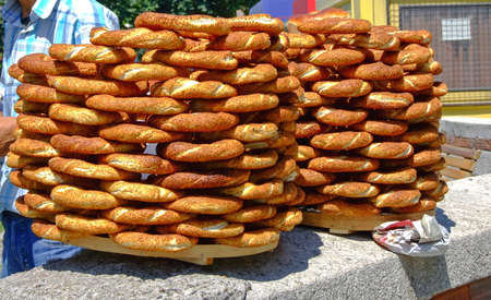 Big Stack of Simit Turkish Bagels Street Vendor