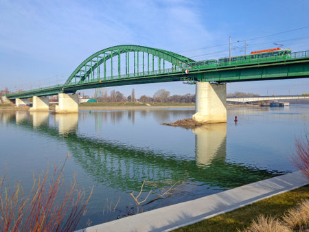 Belgrade, Serbia - March 06, 2019: Old Green Arch Bridge Over Sava River.のeditorial素材