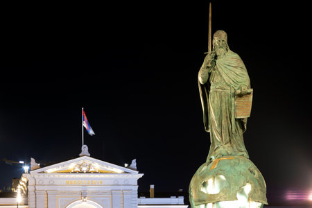 Belgrade, Serbia - January 27, 2021: Statue of Serbian King Stefan Nemanja Opening Ceremony at Night in Capital City.のeditorial素材