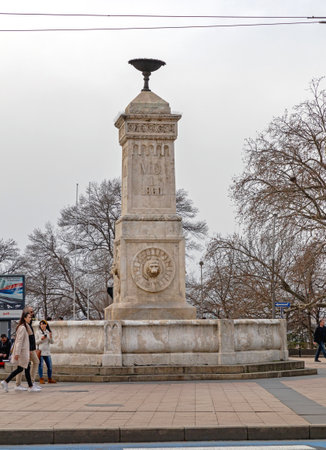 Belgrade, Serbia - February 07, 2021: Water Fountain Terazije at Cold Winter Day in Belgrade, Serbia.のeditorial素材