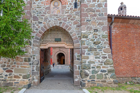 Kraljevo, Serbia - April 16, 2018: Entrance to Zica Medieval Serbian Orthodox Monastery Complex Exterior.のeditorial素材