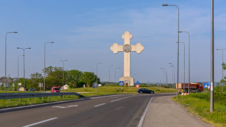 Kragujevac, Serbia - April 26, 2018: Big Cross of St. George at Roundabout Near Kragujevac City.のeditorial素材