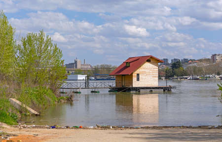 Floating Pontoon With Wooden House at Sava Riverの写真素材
