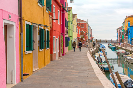 Burano, Italy - January 10, 2017: Colourful Houses Water Canal at Burano Island Winter Day in Venice, Italy.のeditorial素材