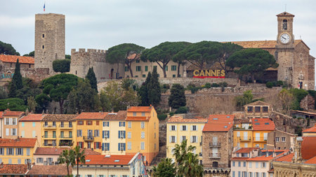 Cannes, France - January 29, 2018: Big Sign at Castle Fort Winter Morning in Cannes, France.のeditorial素材