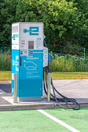 Otocec, Slovenia - June 12, 2019: Fast Charger for Electric Vehicles at Petrol Station Near Otocec, Slovenia.のeditorial素材