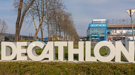 Belgrade, Serbia - April 1, 2021: Big 3d Letters Sign Decathlon Sports Store in Belgrade, Serbia.のeditorial素材