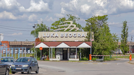 Belgrade, Serbia - May 15, 2021: Entrance Gate to River Port of Belgrade Industrial Zone.のeditorial素材