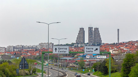 Belgrade, Serbia - April 13, 2020: East Gate Buildings View From Highway in Belgrade, Serbia.のeditorial素材
