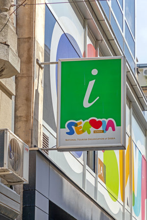 Belgrade, Serbia - May 03, 2021: Big Information Sign Tourism Organisation of Serbia.のeditorial素材