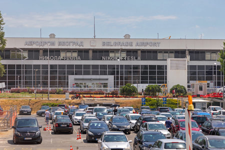 Belgrade, Serbia - July 01, 2021: Belgrade Airport Nikola Tesla at Summer Day View Over Crowded Parking.のeditorial素材