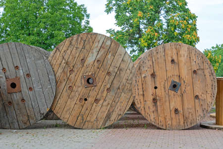 Big Industrial Cable Coils Wooden Spool Outdoorの写真素材