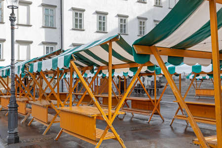 Empty Stalls at Farmers Market in Ljubljana Sloveniaの写真素材