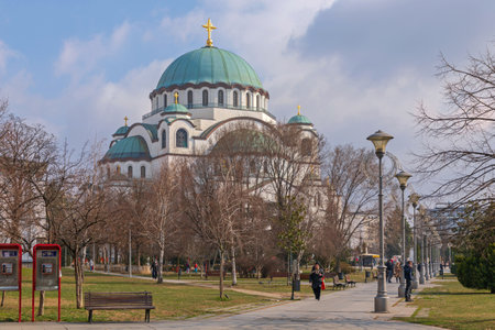 Belgrade, Serbia - February 14, 2021: Sain Sava Orthodox Church in Karadjordjev Park at Cold Winter Day.のeditorial素材