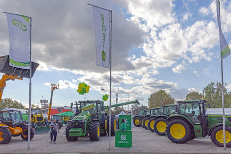 Novi Sad, Serbia - September 18, 2021: New Tractors John Deere at Agriculture Expo Trade Fair.のeditorial素材