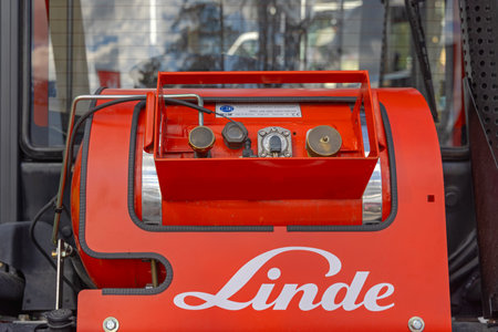 Novi Sad, Serbia - September 18, 2021: Natural Gas Powered Linde Forklift at Agriculture Expo Fair.
