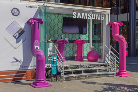 Belgrade, Serbia - September 12, 2021: Samsung New Phone Promotion Popup Booth at Summer Day.のeditorial素材
