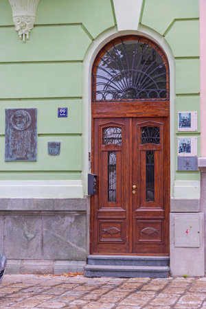 Belgrade, Serbia - August 28, 2021: Entrance to House of Scientist Mika Alas Historic Building Landmark.のeditorial素材