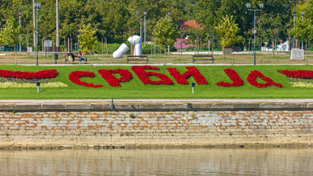 Belgrade, Serbia - October 04, 2021: Big Red Floral Letters Cyrillic Srbija at Sava River Coast New Belgrade.のeditorial素材