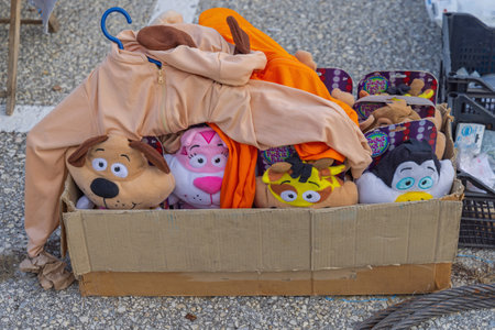 Belgrade, Serbia - November 13, 2021: Many New Jacket Pack it Pets Plush Toys in Box at Street Market.のeditorial素材