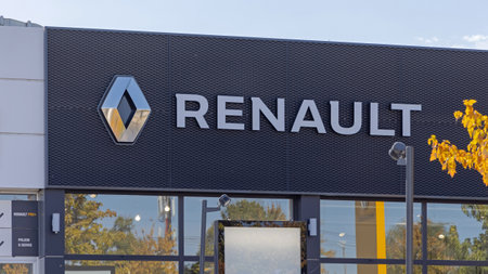 Belgrade, Serbia - September 09, 2021: Big Sign at Renault Dealership French Car Manufacturer.のeditorial素材