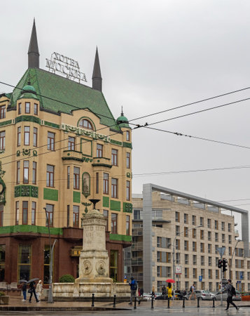 Belgrade, Serbia - September 30, 2021: Terazije Fountain in Front of Hotel Moskva at Rainy Day Autumn.のeditorial素材