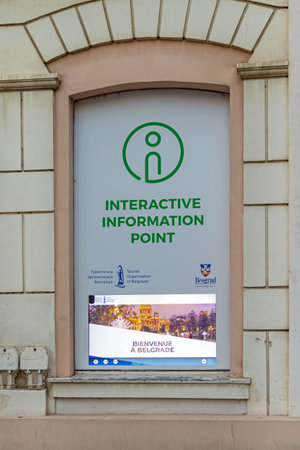 Belgrade, Serbia - October 29, 2021: Big Lcd Screen Interactive Information Point for Tourists in City Centre.のeditorial素材