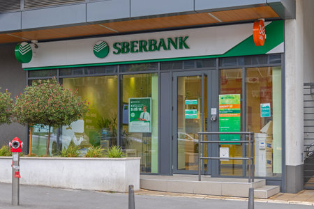 Belgrade, Serbia - October 15, 2021: State Owned Russian Bank Sberbank PJSC Financial Company.のeditorial素材