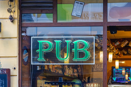 Belgrade, Serbia - October 29, 2021: Big Illuminated Sign Pub Blue Moon in Belgrade.のeditorial素材