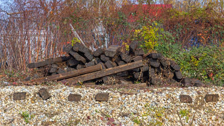 Big Pile of Old Railroad Tracks Wooden Ties Defunct Railwayの写真素材