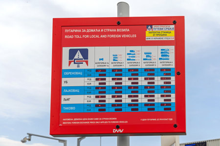 Cacak, Serbia - November 07, 2021: Electronic Price Road Toll Chart Board for Local and Foreign...