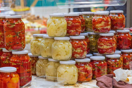 Pickled Cauliflower Peppers and Cucumbers Preserved Food in Mason Jarsの写真素材