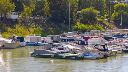 Belgrade, Serbia - October 05, 2021: Small Boats Marina at Danube River in Old Belgrade.のeditorial素材