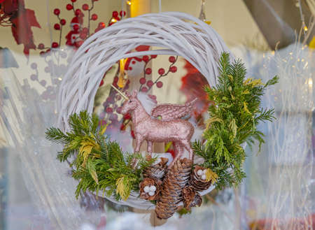 Metallic Unicorn With Gold Horn Christmas Wreath Decorationの写真素材