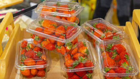 Fresh Strawberry Fruits in Tranparent Plastic Boxes