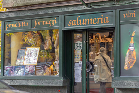 Belgrade, Serbia - November 05, 2021: Traditional Italian and Spanish Food Gourment Grocery Store Salumeria Menatti in City Centre.のeditorial素材