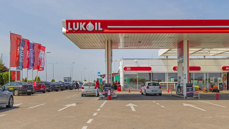 Belgrade, Serbia - May 08, 2022: Big Modern Petrol Station Lukoil Russian Petroleum Company.のeditorial素材