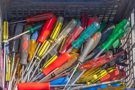 Many Different Screwdrivers Hand Tools in Crateの写真素材