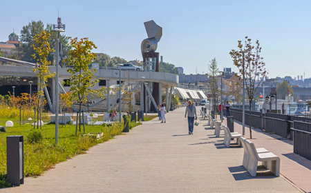 Belgrade, Serbia - October 04, 2021: Edvard Rusjan Park River Sava Promenade at Sunny Autumn Day.のeditorial素材
