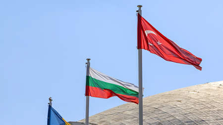 National Flags of Bulgaria and Turkey Countries Together Sunny Dayの写真素材