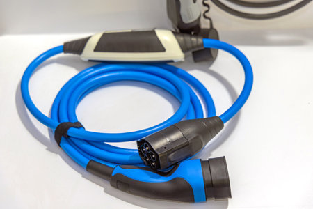 Long EV Power Connection Blue Cable Plug Kitの写真素材