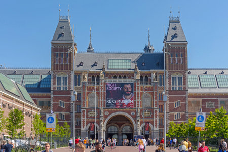 Amsterdam, Netherlands - May 15, 2018: High Society Exhibition Billboard at Rijksmuseum Dutch National Museum of Arts and History.のeditorial素材