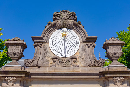 Amsterdam, Netherlands - May 15, 2018: White Sundial Clock With Gold Sun at Museum Garden Landmark.のeditorial素材