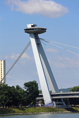 Bratislava, Slovakia - July 10, 2015: SNP Most Bridge Landmark With Restaurant on Top of Pylon in Capital City Summer Day.のeditorial素材