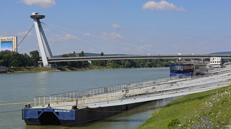 Bratislava, Slovakia - July 10, 2015: Pontoon Dock for Cruise Ship Passenger Port at Danube River Harbour in Capital City Summer Day.のeditorial素材
