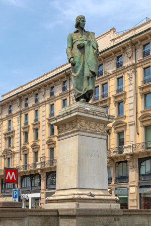 Milan, Italy - June 15, 2019: Monument Statue of Giuseppe Parini Italian Satirist Author Landmark at Cordusio Square in City Centre.のeditorial素材