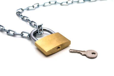 Lock chain and key on white background