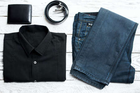 Man's latest trends and fashion accesories. Composition on white wooden boardの写真素材