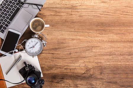 Accessories for spending free time lie on the desk. On the right side copyspace for your text