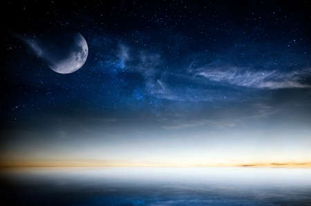 Calm sea sunset over night sky with stars and moon.